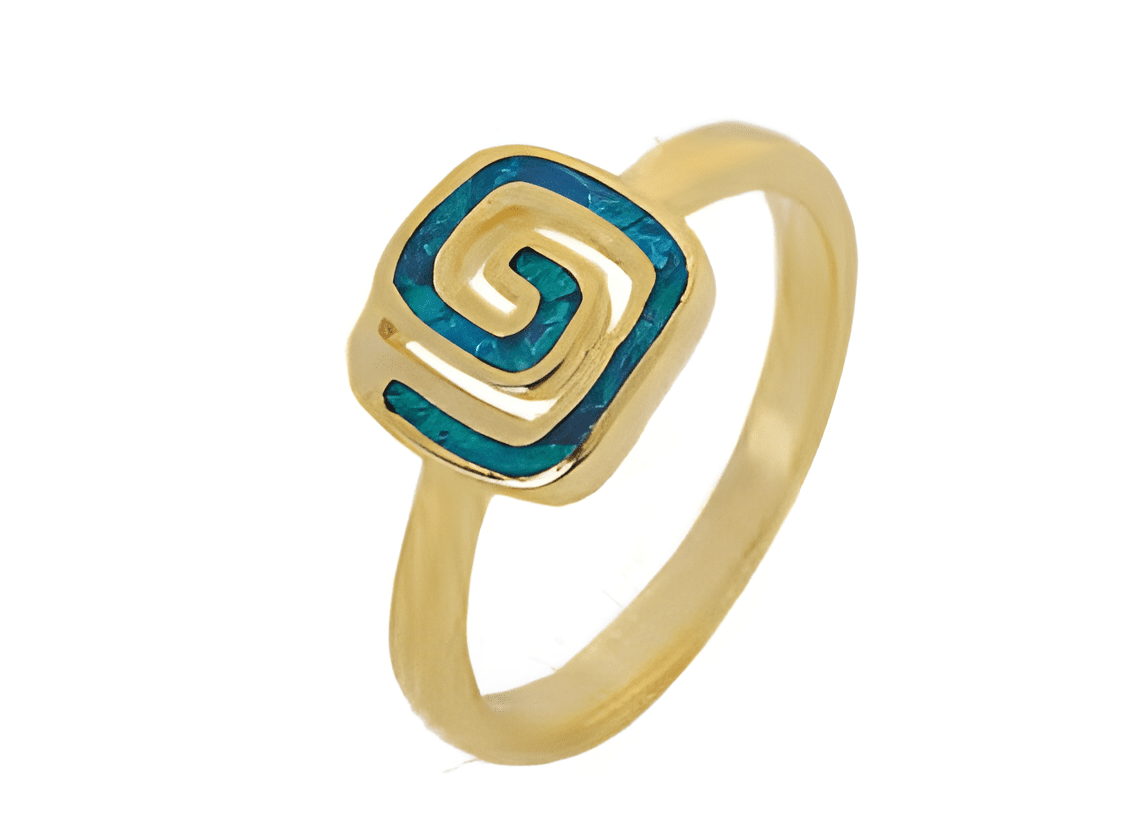 Позлатен сребърен пръстен "Квадратна Спирала" с опал