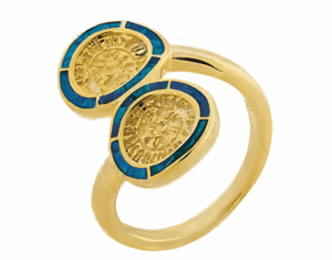 Позлатен сребърен пръстен с два диска Фестос и опал | HappyMarket.bg Позлатен сребърен пръстен с два диска Фестос и опал | Бижута