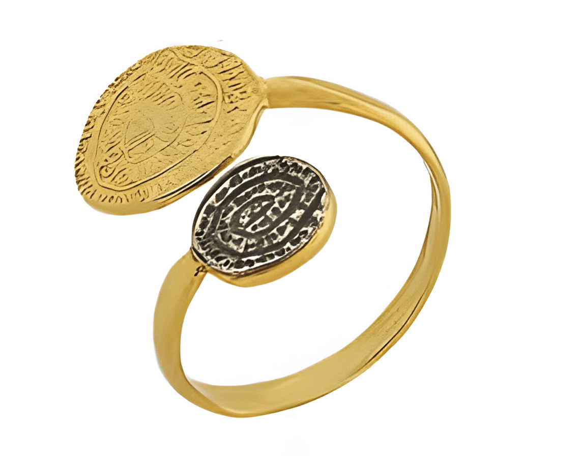 Позлатен сребърен пръстен с голям и малък разноцветни диска Фестос