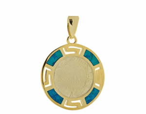 Позлатена сребърна висулка „Диск Фестос“ с 4 опала, M  |  Бижута