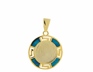 Позлатена сребърна висулка „Диск Фестос“ с 4 опала, S  |  Бижута