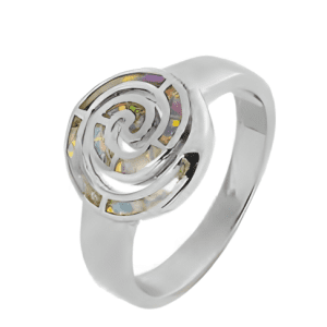Спираловиден сребърен пръстен с пъстър опал