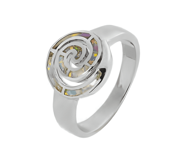 Спираловиден сребърен пръстен с пъстър опал