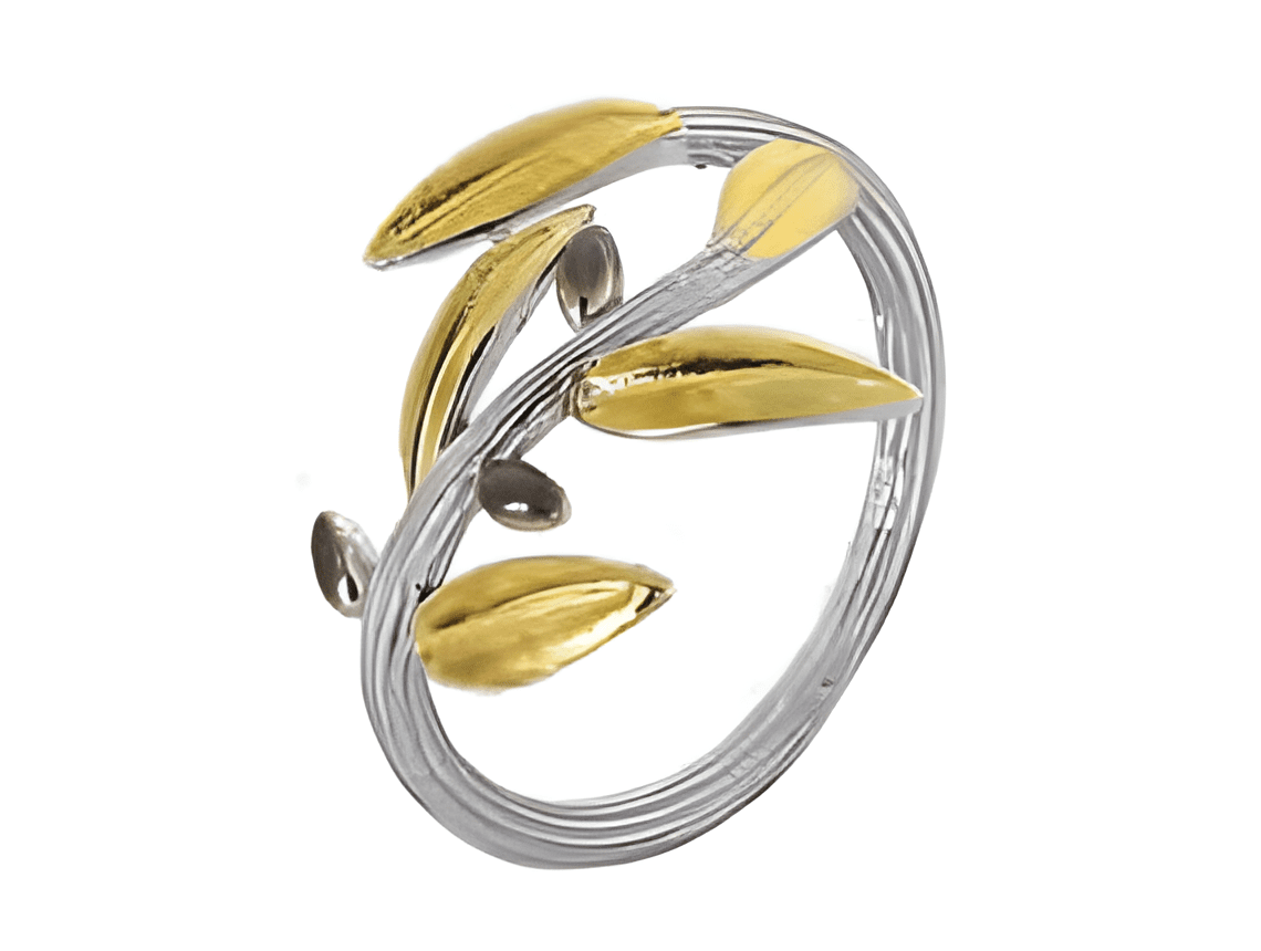 Сребърен пръстен с позлатена маслинова клонка