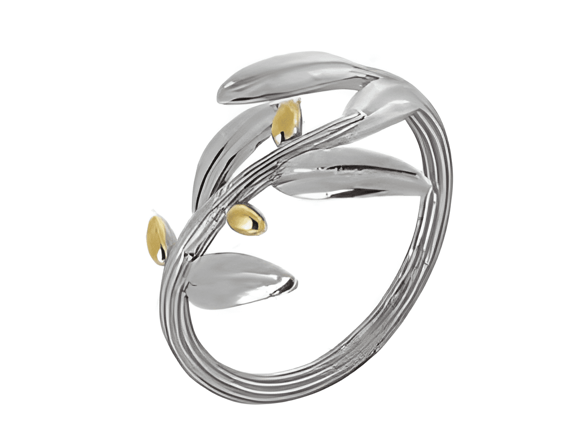 Сребърен пръстен с маслинова клонка и позлатени елементи