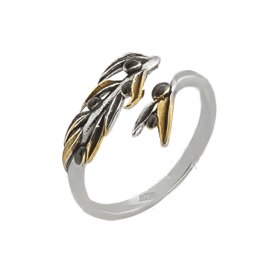 Сребърен пръстен с маслинова клонка и позлатени елементи