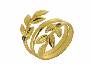 Сребърен трилентов пръстен с позлата и две маслинови клонки  |  Бижута