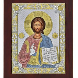 Сребърна икона Христос със златни цветни детайли, 18x22см