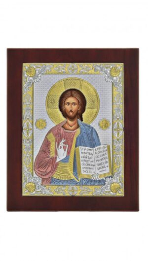 Сребърна икона Христос със златни цветни детайли, 24x32см - Image 1