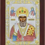 Сребърна икона на Св. Николай Чудотворец, с цветни елементи, 10×12.5см  |  Икони