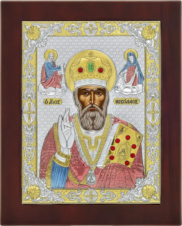 Сребърна икона на Св. Николай Чудотворец, с цветни елементи, 24×32см | HappyMarket.bg Сребърна икона на Св. Николай Чудотворец, с цветни елементи, 24×32см | Икони