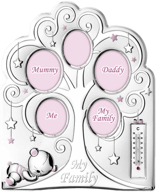Семейна колажна сребърна рамка под формата на родословно дърво в розов цвят, стаен термометър и размери 25х30см