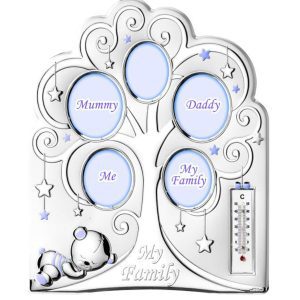 Семейна колажна сребърна рамка под формата на родословно дърво, със стаен термометър,син цвят и размери 25х30см
