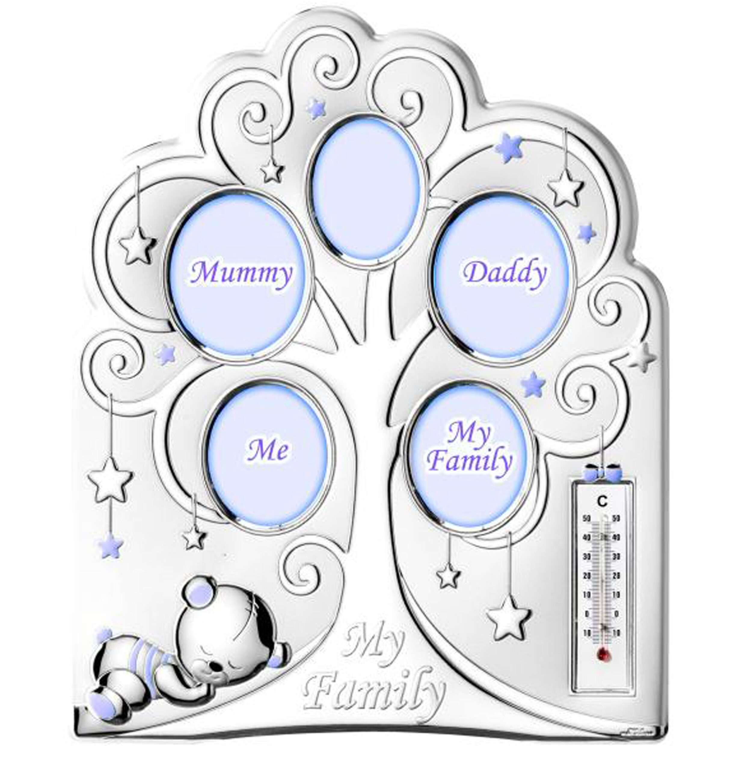 Семейна колажна сребърна рамка под формата на родословно дърво, със стаен термометър,син цвят и размери 25х30см