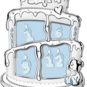 Детска колажна сребърна рамка под формата на торта за рожден ден в син цвят и размери 25х30см
