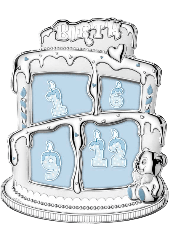 Детска колажна сребърна рамка под формата на торта за рожден ден в син цвят и размери 25х30см
