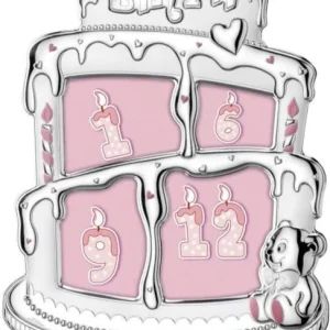 Детска колажна сребърна рамка под формата на торта за рожден ден в розов цвят и размери 25х30см
