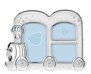 Детска сребърна рамка за снимки влакче – синьо колажно влакче, проба 925