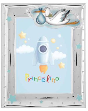 Комплект сребърни детски фото рамки с декорация с щъркел и бебе в син цвят, 2 бр.,13х18 и 9х13см  |  Детски сребърни рамки за снимки