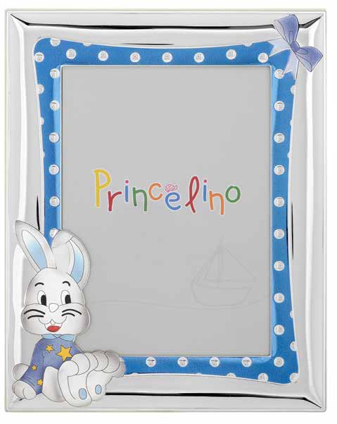 Детска рамка със Сребро 925 и декорация със зайче в син цвят,13 х 18 см