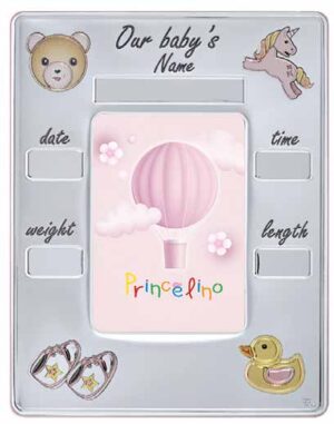 Бебешка детска персонализирана сребърна рамка визитка за момиче,22х26.5см | HappyMarket.bg Бебешка детска персонализирана сребърна рамка визитка за момиче,22х26.5см | Детски сребърни рамки за снимки