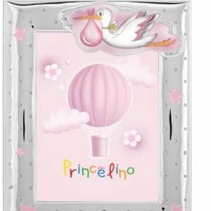 Комплект сребърни детски фото рамки с декорация с щъркел и бебе в розов цвят, 2 бр.,13х18 и 9х13см