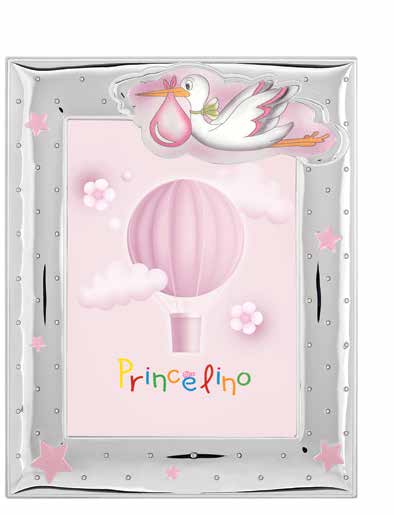 Комплект сребърни детски фото рамки с декорация с щъркел и бебе в розов цвят, 2 бр.,13х18 и 9х13см