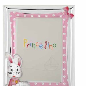 Детска рамка със Сребро 925 и декорация зайче в розов цвят,13 х 18 см