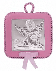 Сребърна икона с розова кожа и изображение на ангел за деца