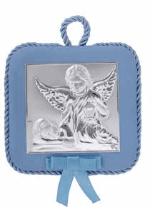 Детска сребърна икона - Ангел Пазител, синьо