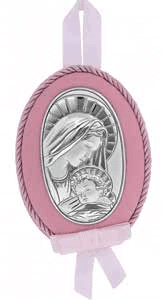 Икона Богородица, сребро върху розова подложка