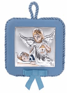 Сребърна икона със синя кожа и изображение на ангели за деца