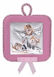 Сребърна икона с розова кожа и изображение на ангели за деца