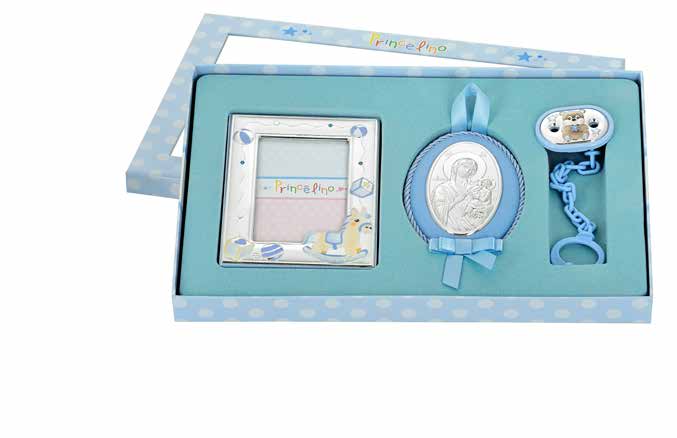 Сребърен комплект за подарък на бебе момче от 3 части: сребърни рамка за снимка с конче, икона и държач за биберон с мече,6х9см