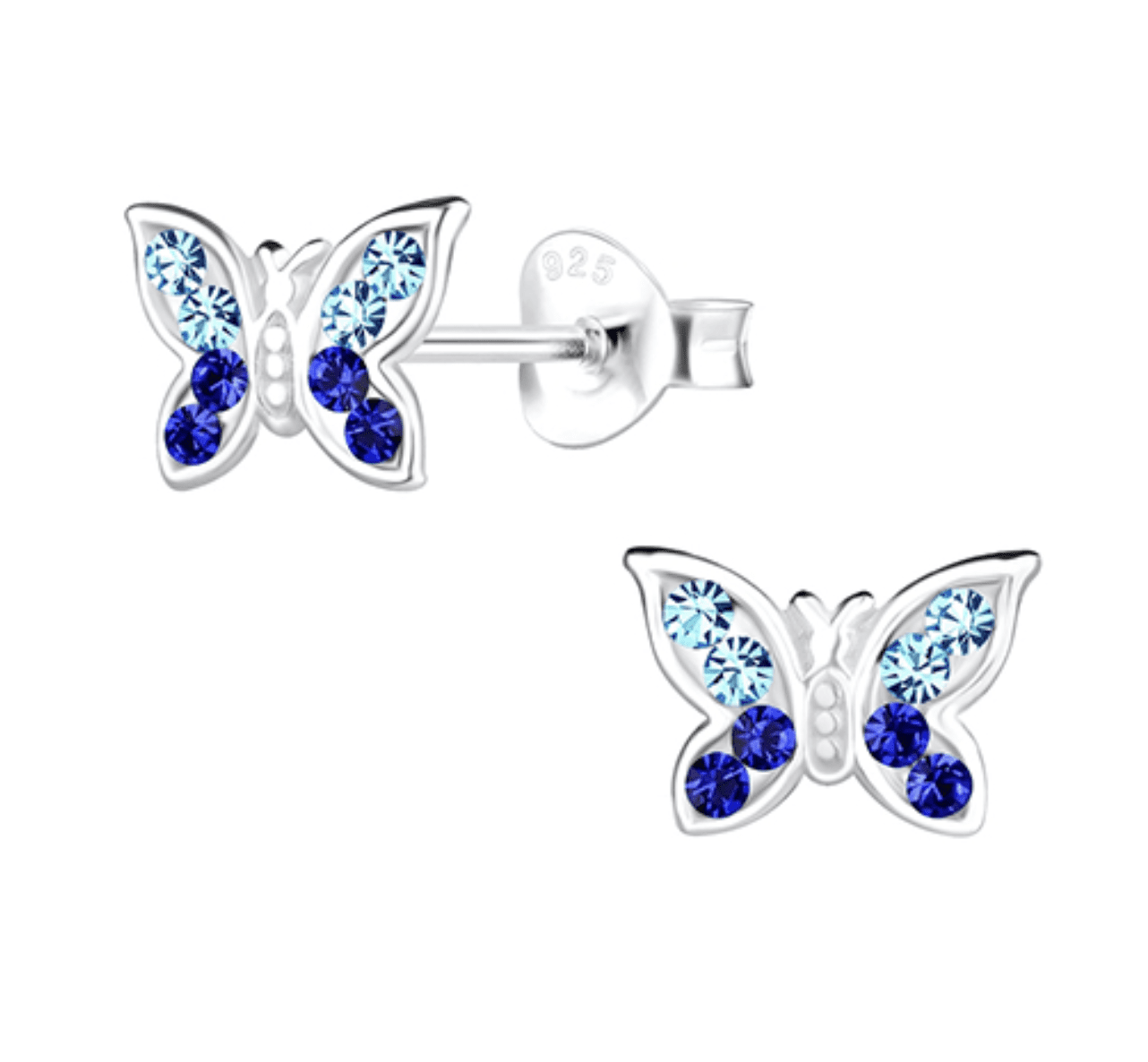 Детски сребърни обеци - блестящи сини пеперуди