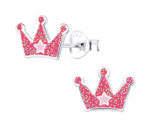 Детски сребърни обеци с блестяща червена корона, тип винт