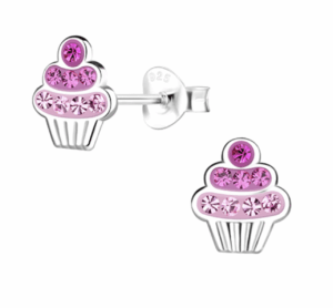 Детски сребърни обеци Блестящо розово кексче, тип винт  |  Детски бижута