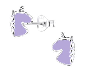 Детски сребърни обеци Лилав еднорог, тип винт | HappyMarket.bg Детски сребърни обеци Лилав еднорог, тип винт | Детски бижута