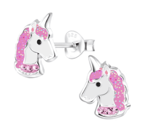 Детски сребърни обеци Розов еднорог, тип винт - Image 1