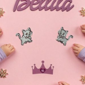 Детски сребърни обеци Бяло коте, тип винт  |  Детски бижута