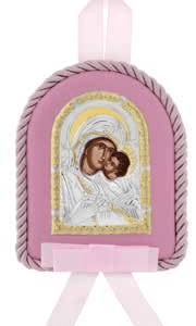 Икона за кръщене на момиче, сребърно покритие, Богородица с младенец