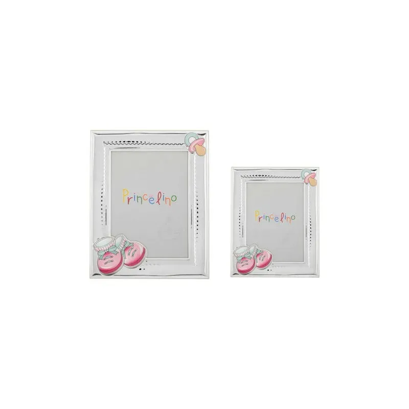 Комплект сребърни детски фото рамки с декорация ританки в розов цвят, 2 бр.,13х18 и 9х13см