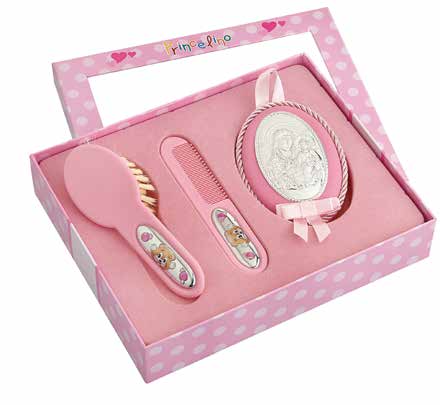 Комплект четка за коса и гребен с мече, икона със сребърно покритие в розов цвят за бебе момиче