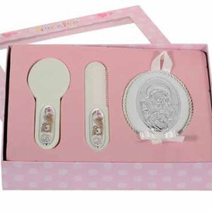 Комплект четка за коса и гребен с мече в розов цвят и икона със сребърно покритие в бяло за бебе момиче