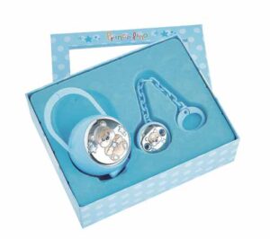 Подаръчен комплект за момче с кутия и държач за биберон с посребрен елемент мече в син цвят  |  Бебешки аксесоари