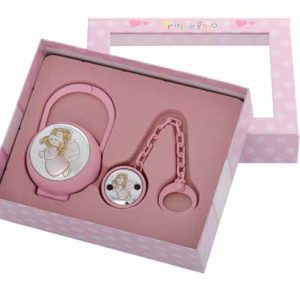 Подаръчен комплект за момиче с кутия и държач за биберон с посребрен елемент ангелче в розов цвят