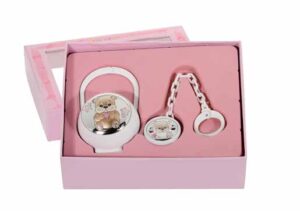 Подаръчен комплект в бял цвят с кутия и държач за биберон с посребрен елемент с розово мече  |  Бебешки аксесоари