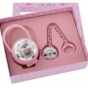 Подаръчен комплект за момиче с кутия и държач за биберон с посребрен елемент мече в розов цвят