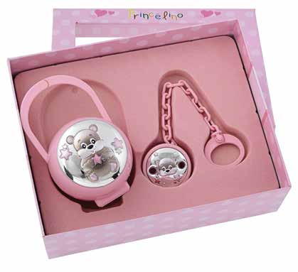 Подаръчен комплект за момиче с кутия и държач за биберон с посребрен елемент мече в розов цвят
