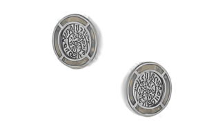 Кръгли малки сребърни обеци „Диск Фестос“ с опал и винт  |  Бижута